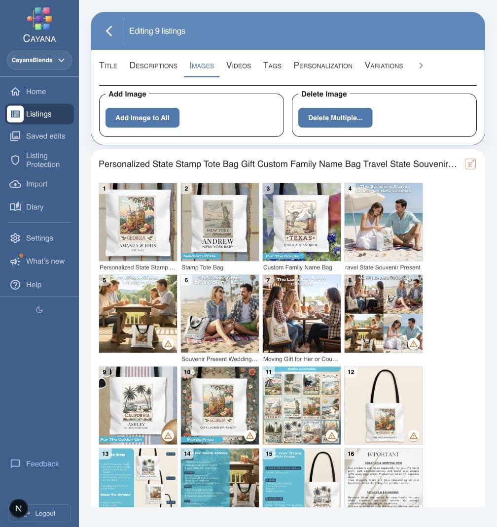 Cayana image editor showing visual image rows across selected Etsy listings