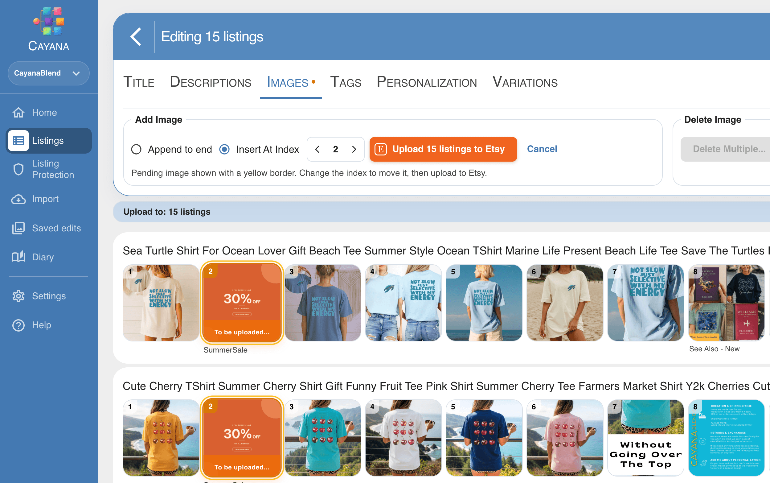 Etsy listings and their photos displayed together in Cayana’s bulk editor