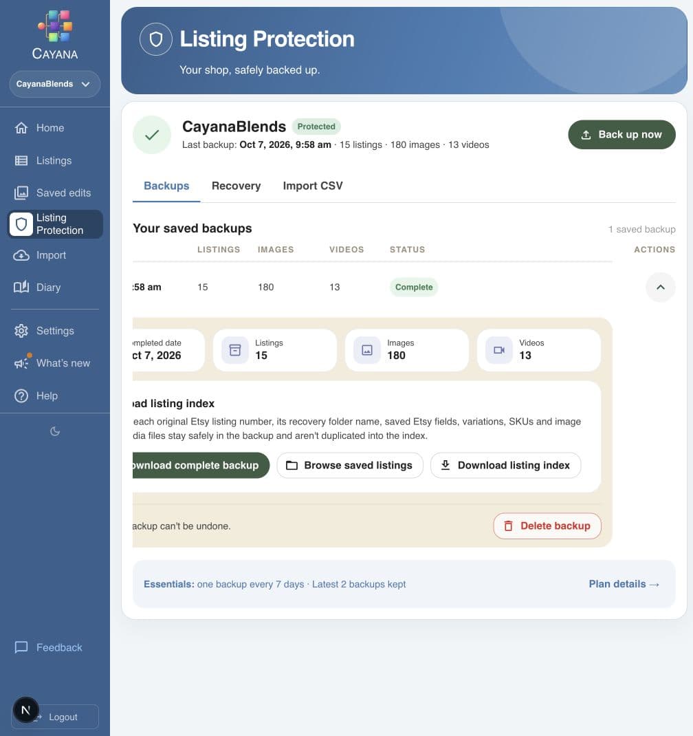Cayana Listing Protection showing a completed Etsy shop backup with listing, image and video totals