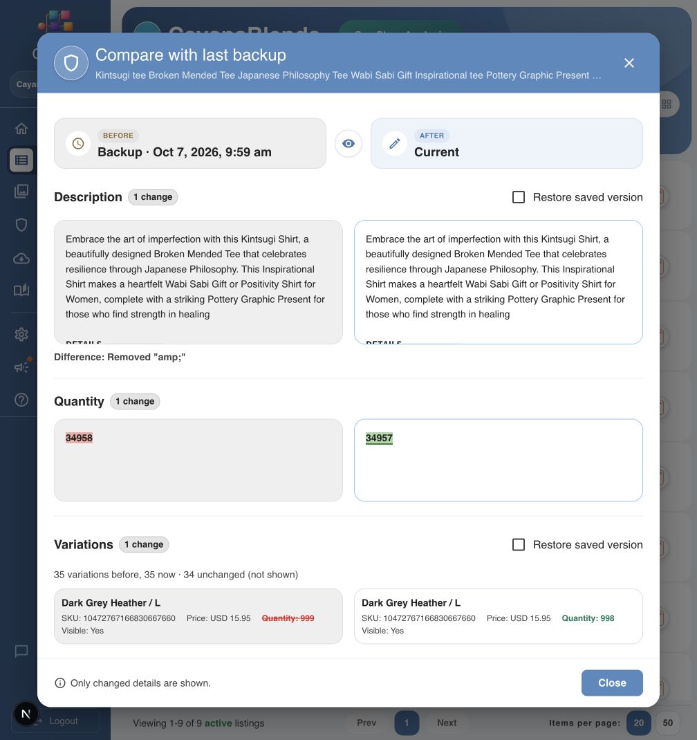 Before and after backup comparison with Restore saved version controls