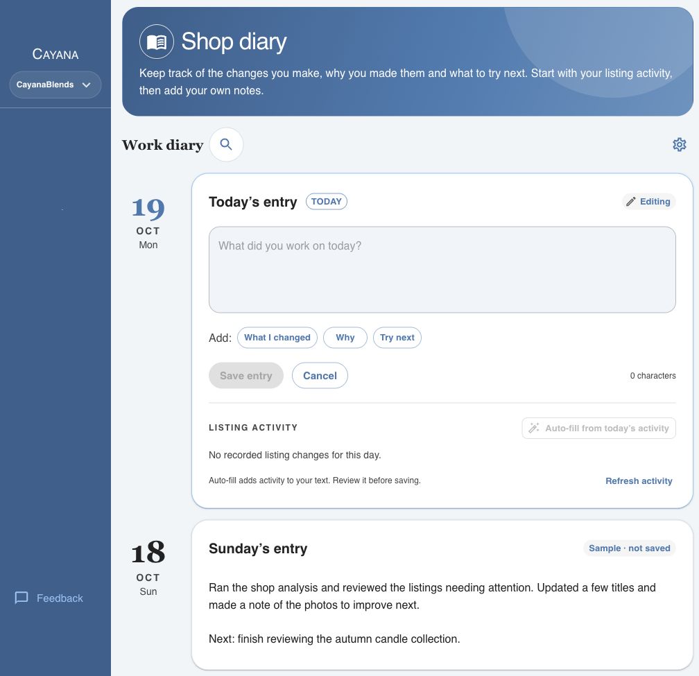 Shop diary with today’s entry form, note prompts and a clearly labelled unsaved sample entry