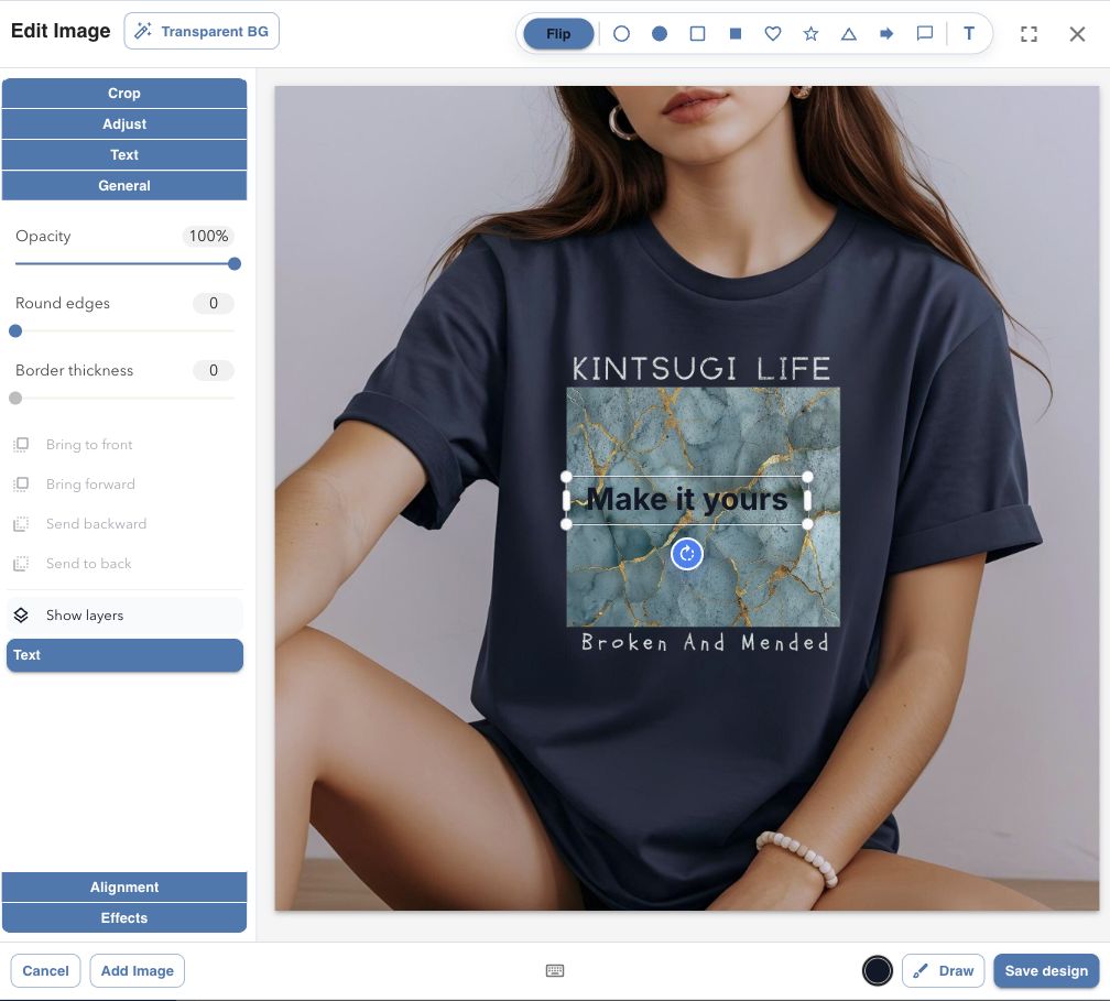 Image editor with a selected text layer, layers panel and Save design button