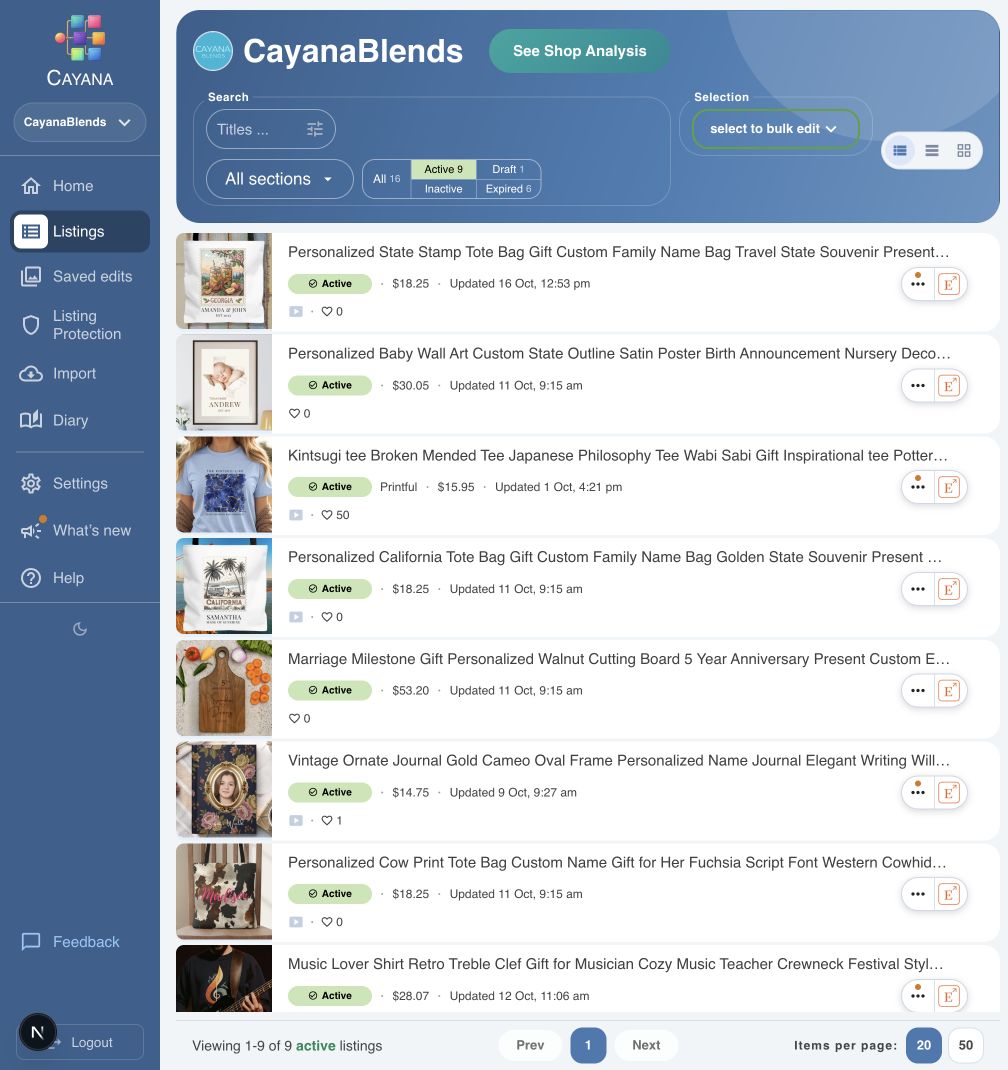 Cayana listings workspace with the main sidebar tools visible