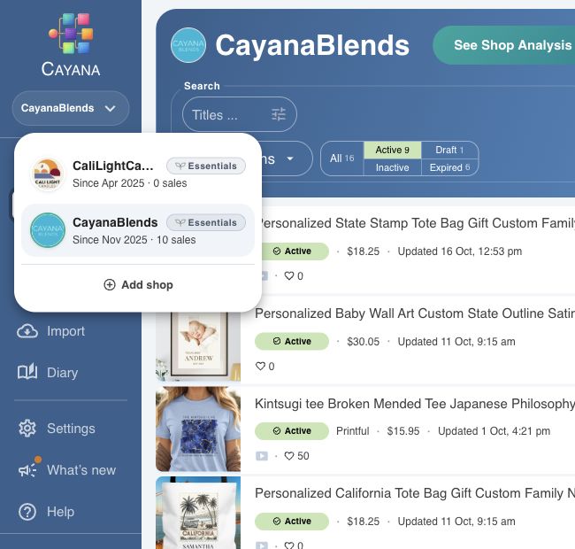 Shop switcher with two connected Etsy shops and an Add shop option